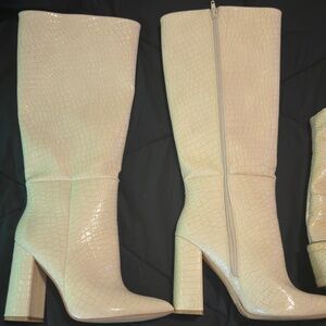 Cream colored 70 style faux snakeskin boots